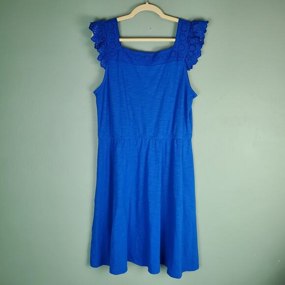 Talbots Port Blue Eyelet Slub Knit Fit & Flare Sleeveless Dress Size XLP Petite - Picture 1 of 3